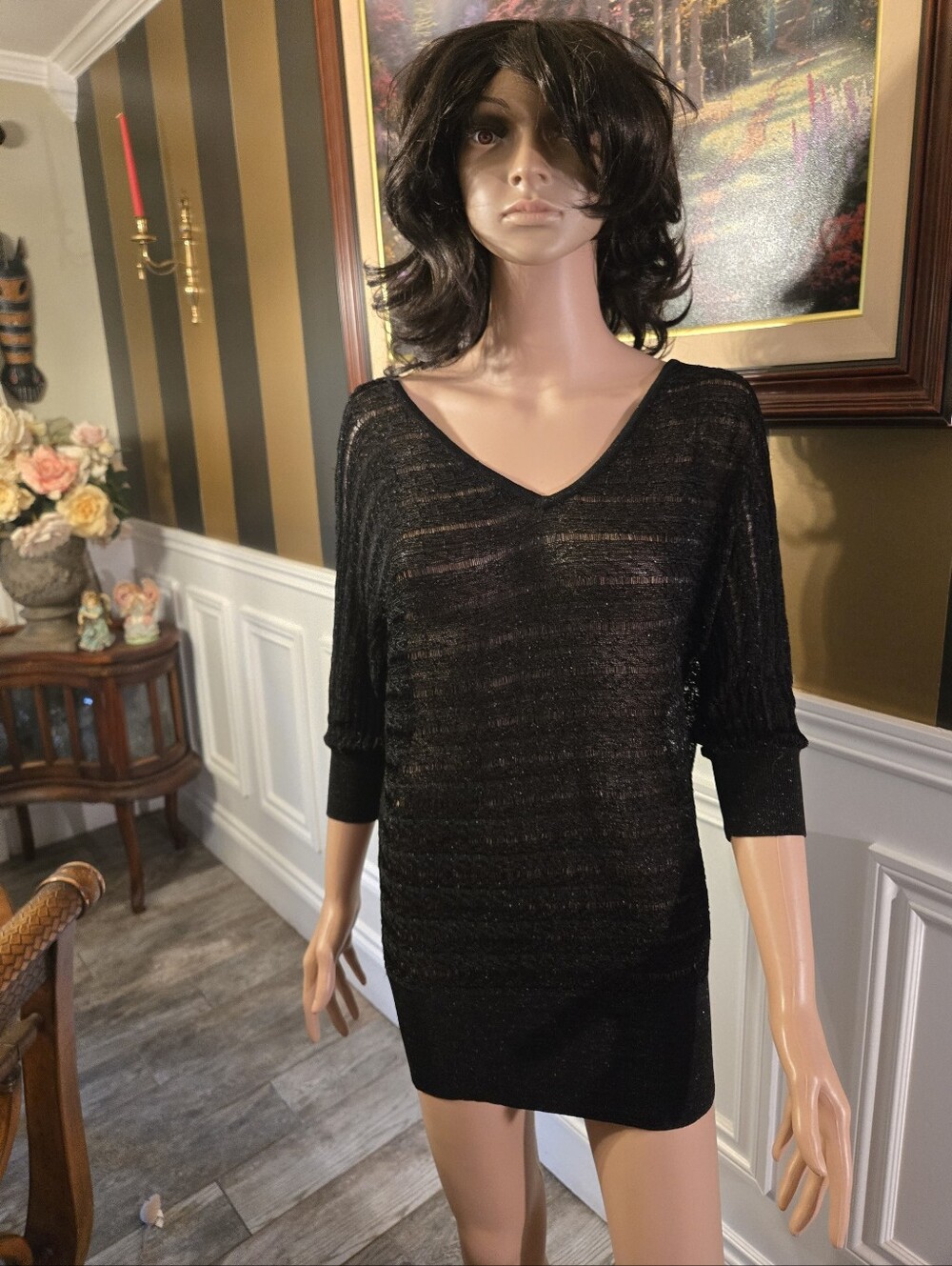 White House Black Market Black V-Neck Sheer Knit Sweater